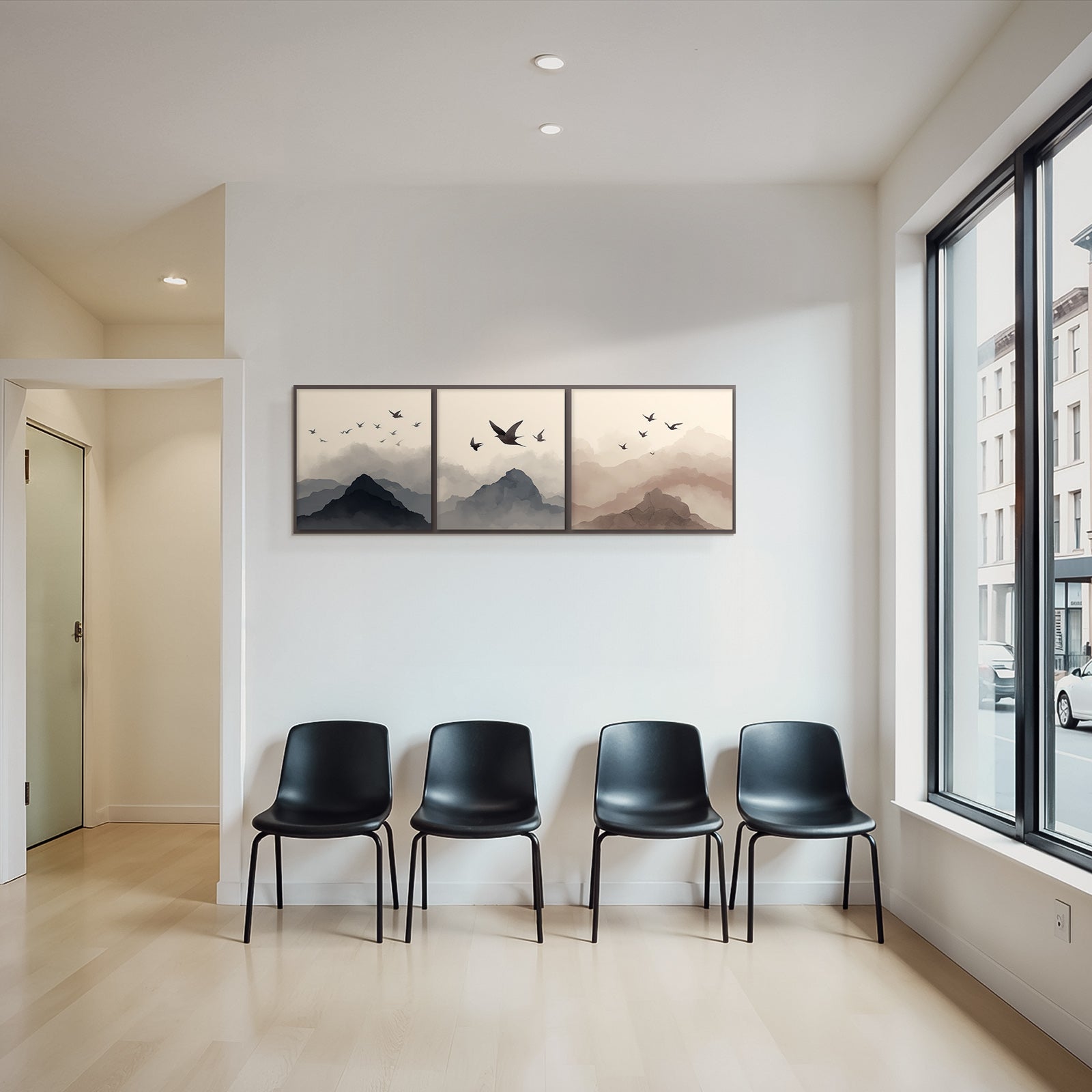 Abstract Mountain Landscapes With Birds Triptych Watercolor Scenes