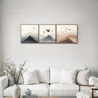 Abstrakte Gebirgslandschaften Mit Voegeln Triptychon Watercolor Szenen