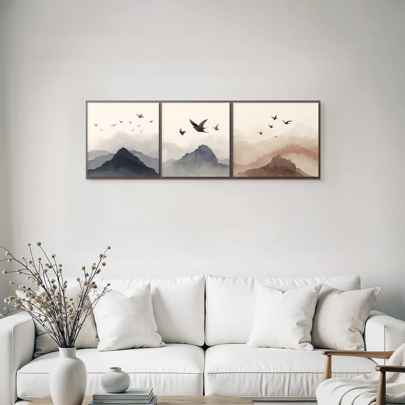 Abstract Mountain Landscapes With Birds Triptych Watercolor Scenes