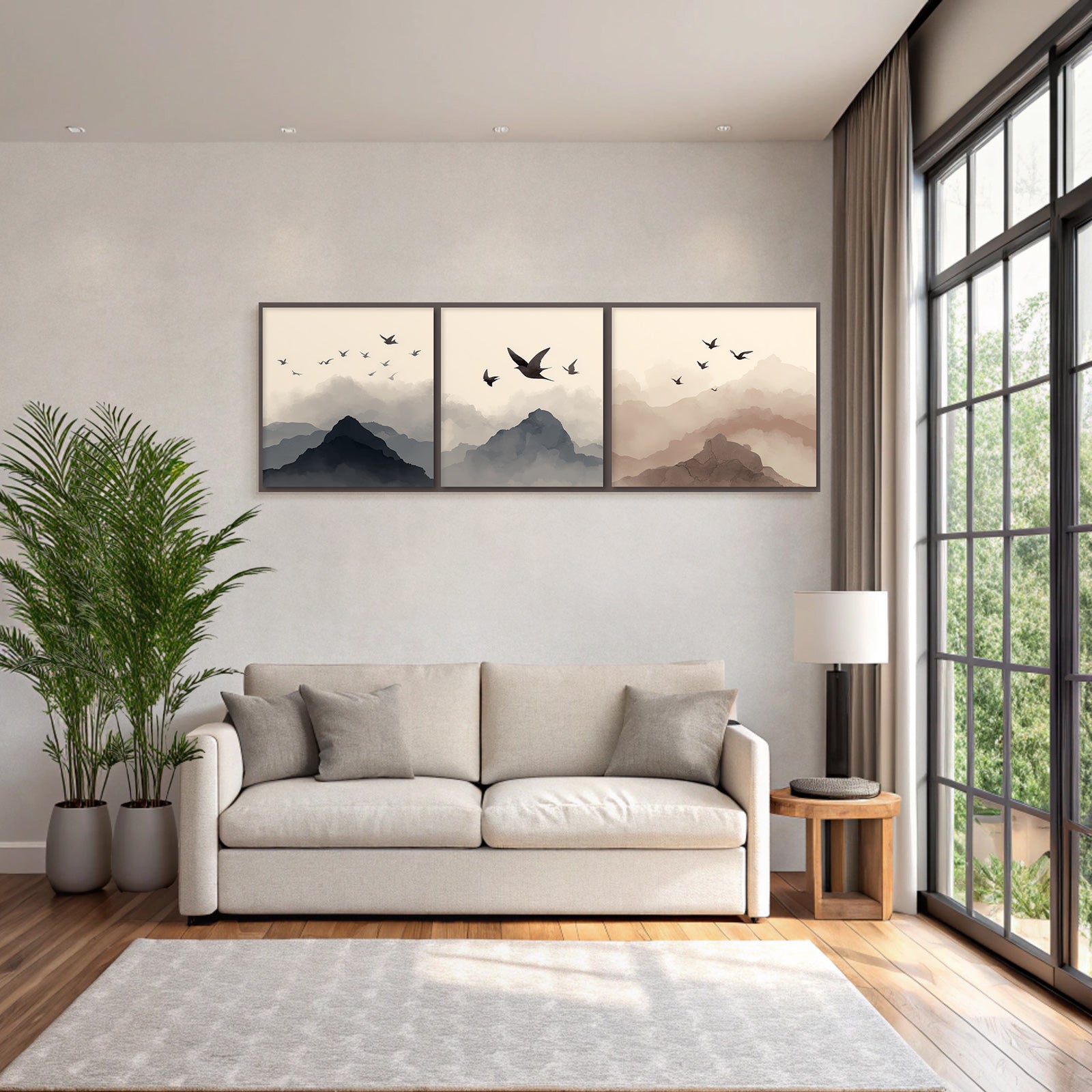 Abstract Mountain Landscapes With Birds Triptych Watercolor Scenes