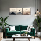 Abstrakte Gebirgslandschaften Mit Voegeln Triptychon Watercolor Szenen