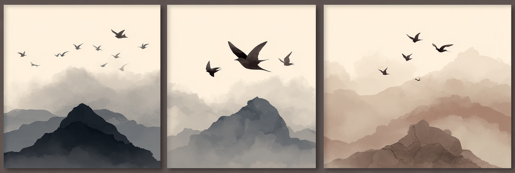 Abstrakte Gebirgslandschaften Mit Voegeln Triptychon Watercolor Szenen | Modern Basic | Einrichtungsstile