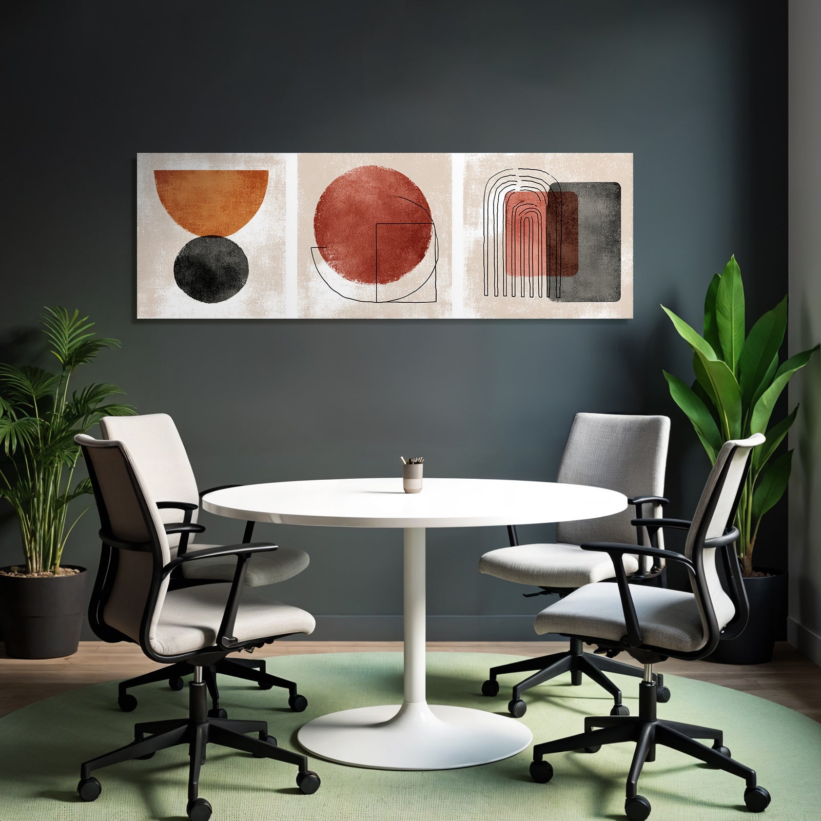 Abstract Geometric Designs Three Panels Red Orange Grey
