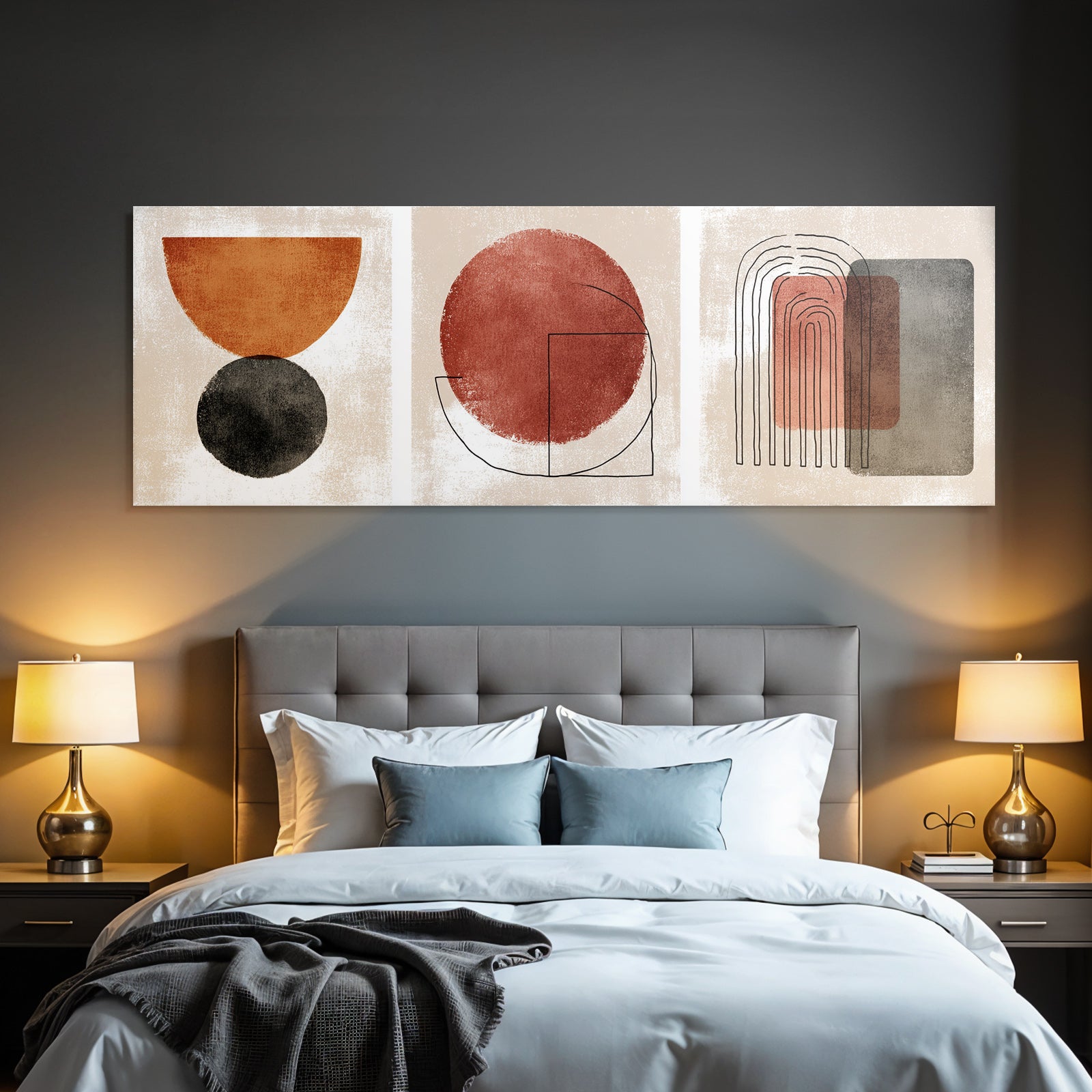 Abstract Geometric Designs Three Panels Red Orange Grey