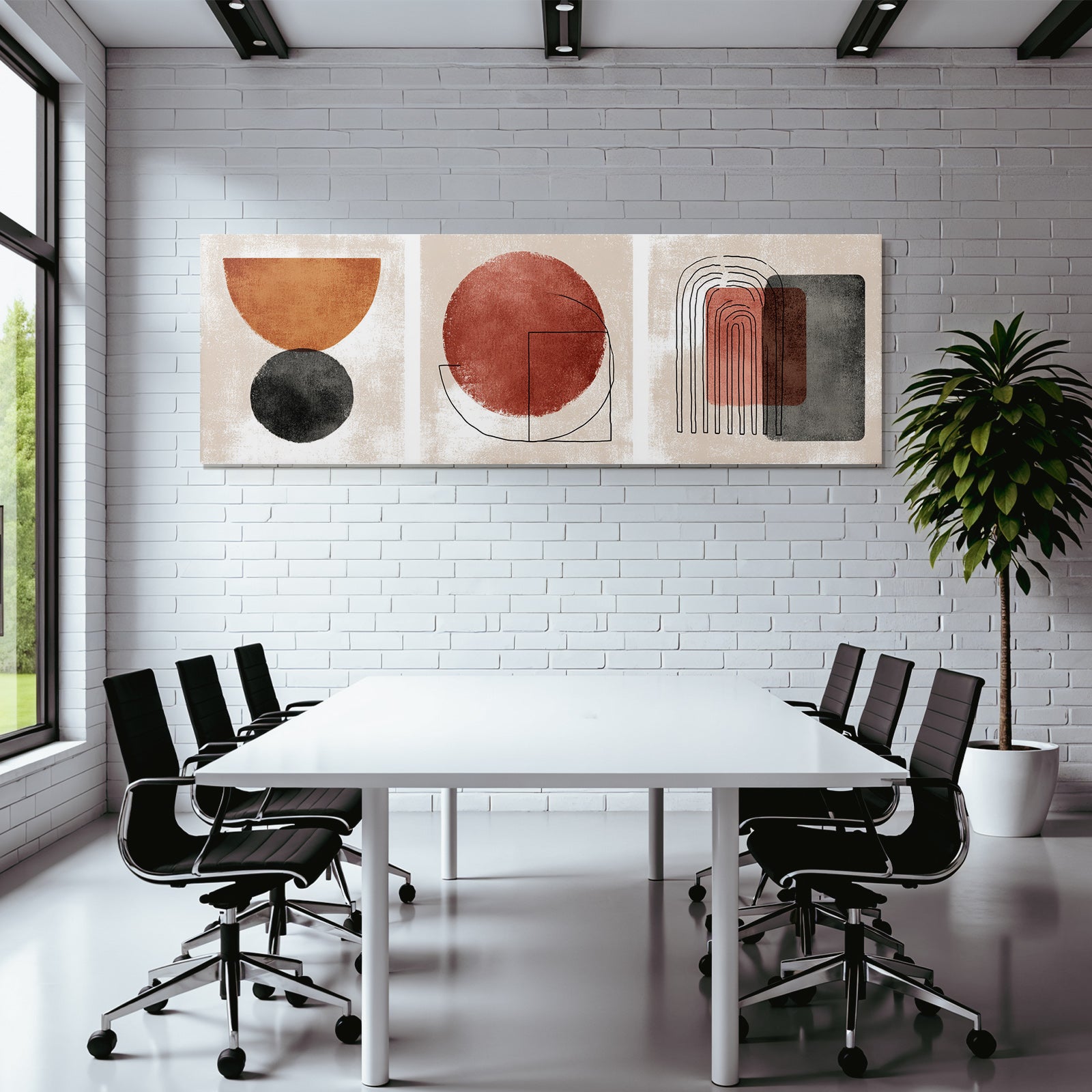 Abstract Geometric Designs Three Panels Red Orange Grey