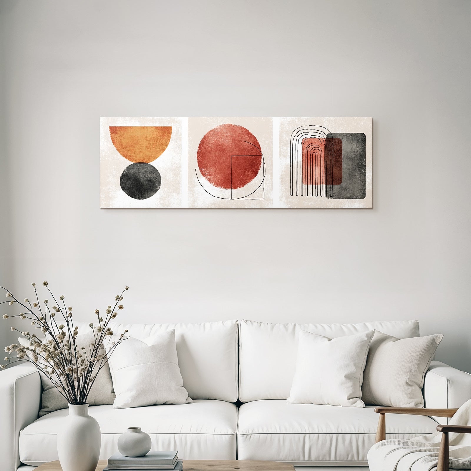 Abstract Geometric Designs Three Panels Red Orange Grey