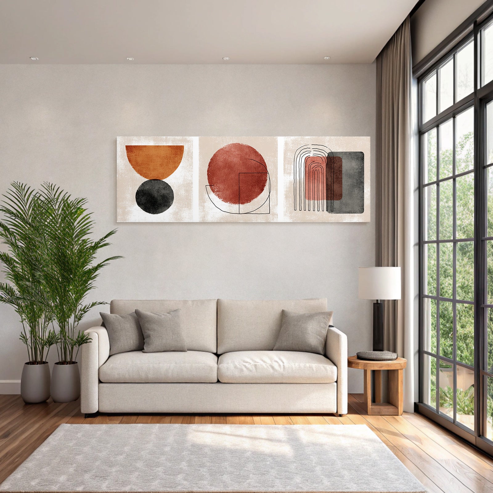 Abstract Geometric Designs Three Panels Red Orange Grey