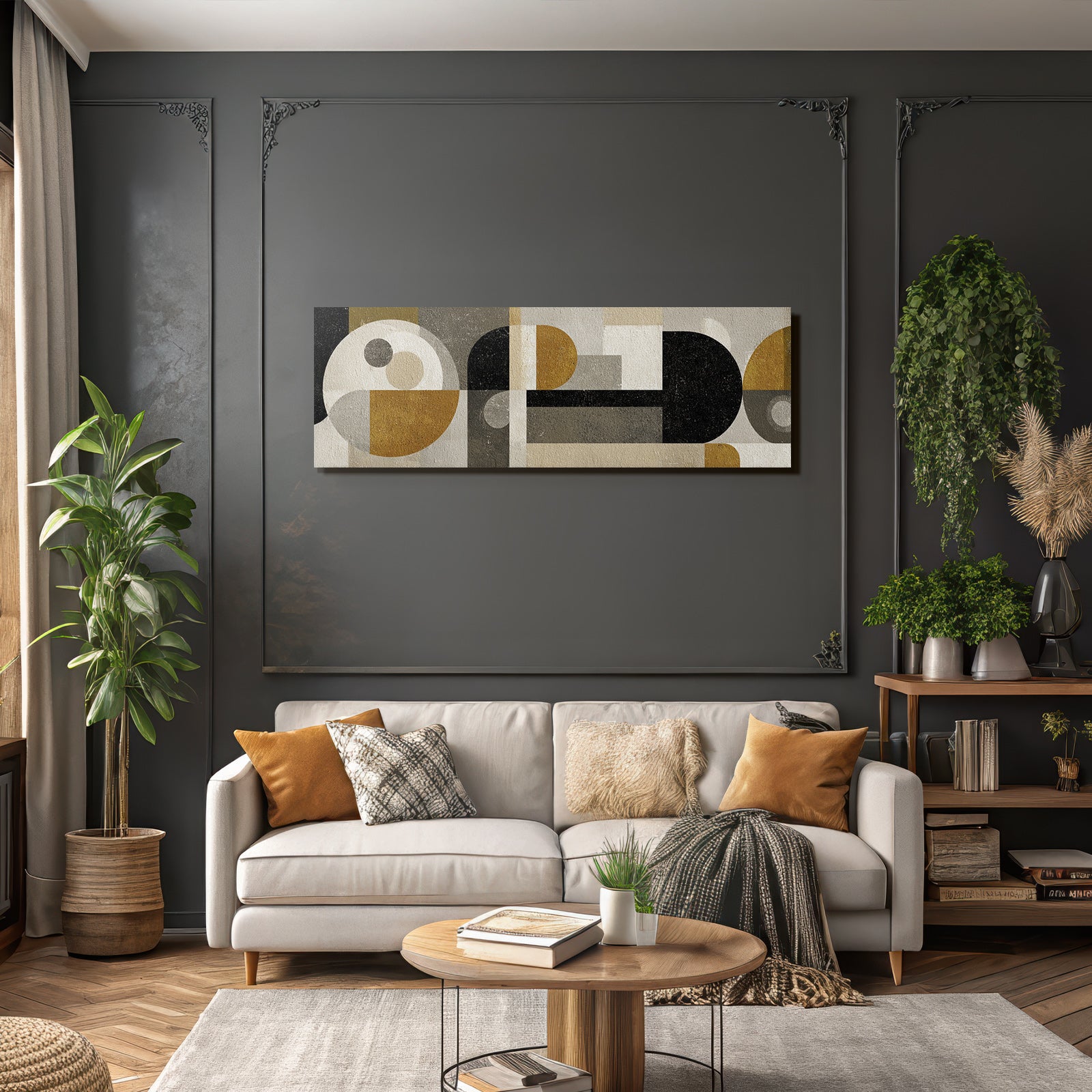 Abstrakte Geometrische Komposition In Schwarz Weiss Grau Und Gold