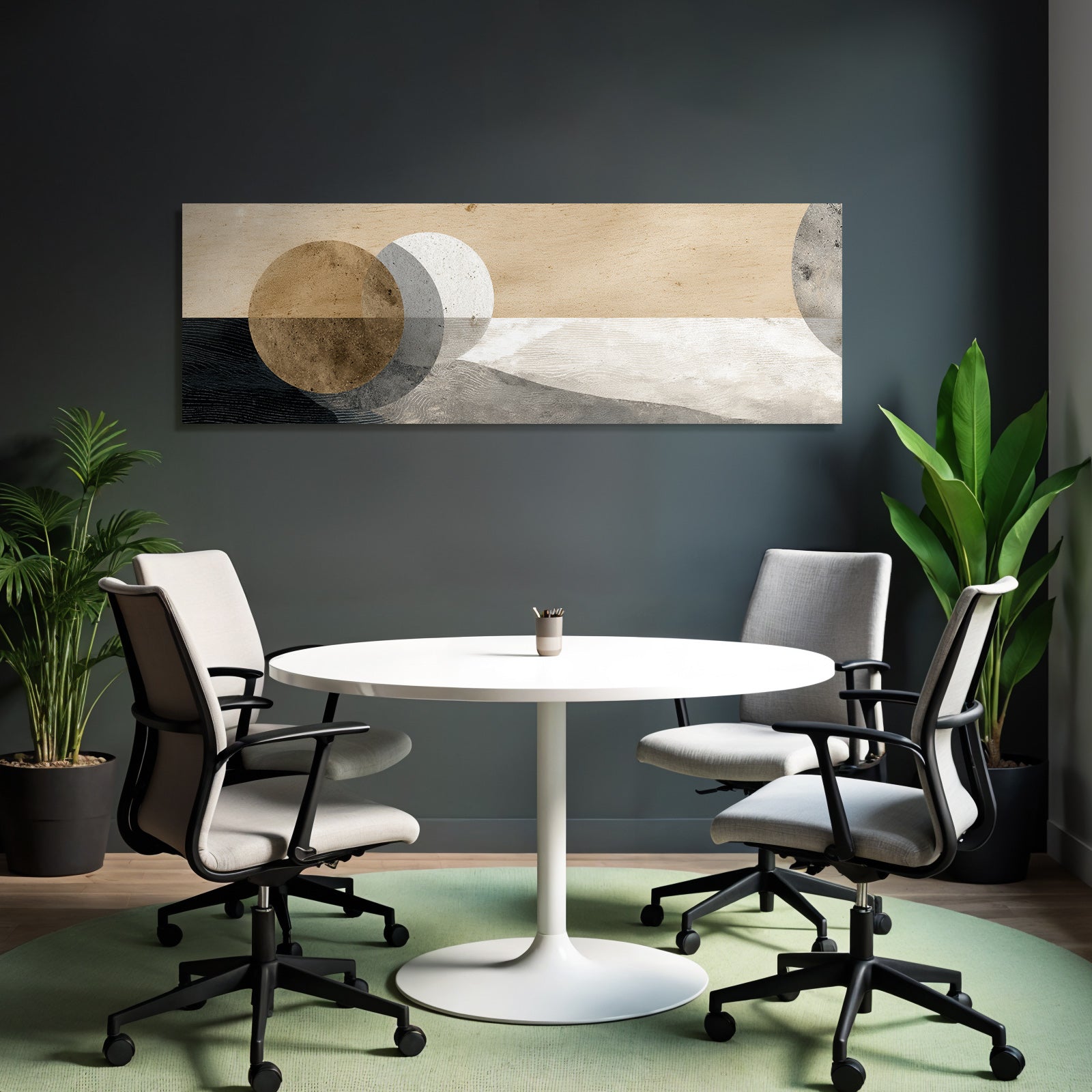 Abstract design with circular shapes on a textured background, beige, grey, brown