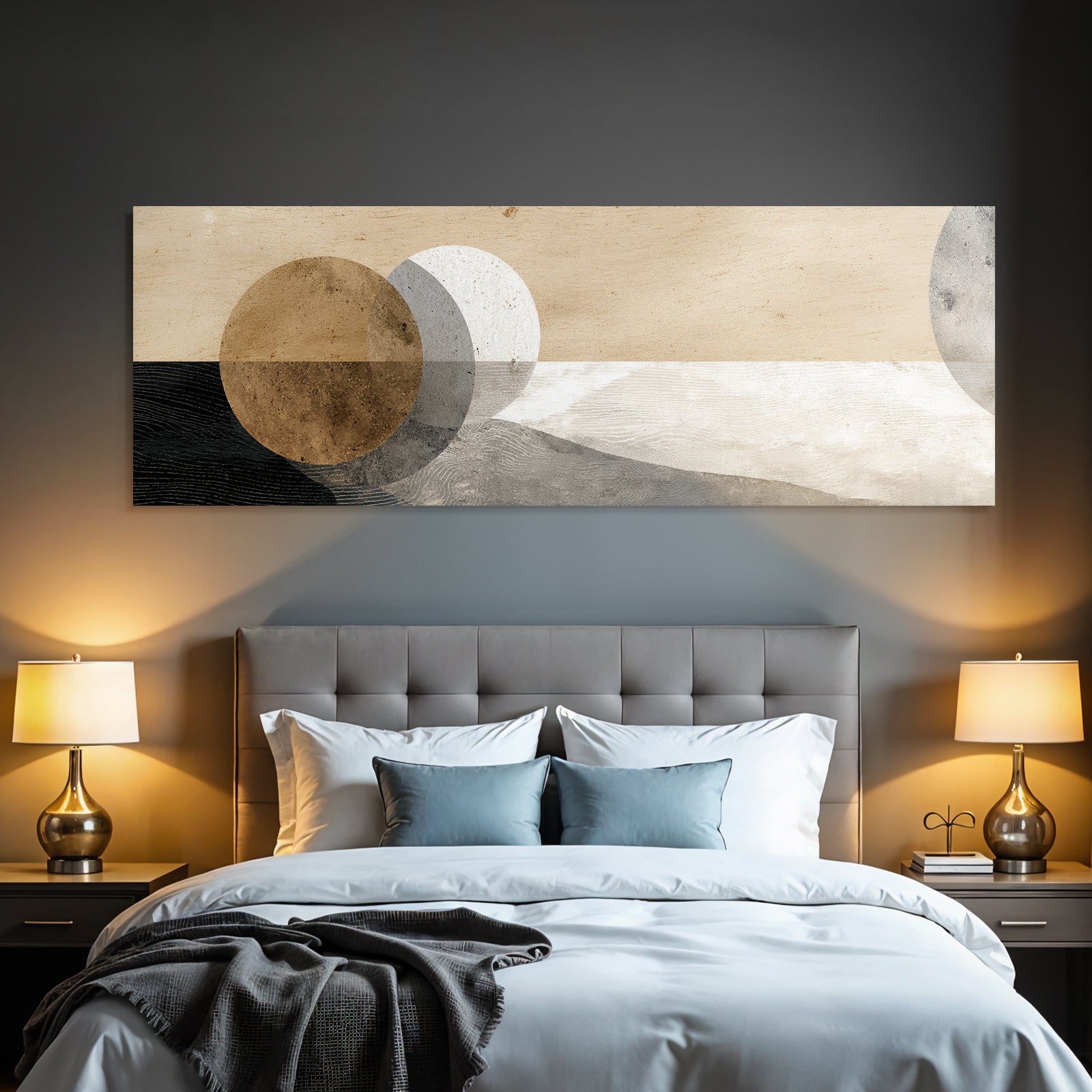 Abstract design with circular shapes on a textured background, beige, grey, brown