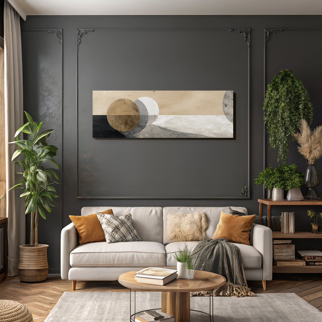 Abstract design with circular shapes on a textured background, beige, grey, brown