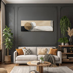 Abstract design with circular shapes on a textured background, beige, grey, brown