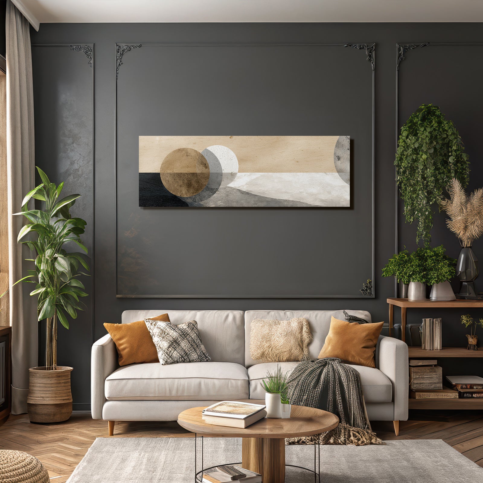Abstract design with circular shapes on a textured background, beige, grey, brown
