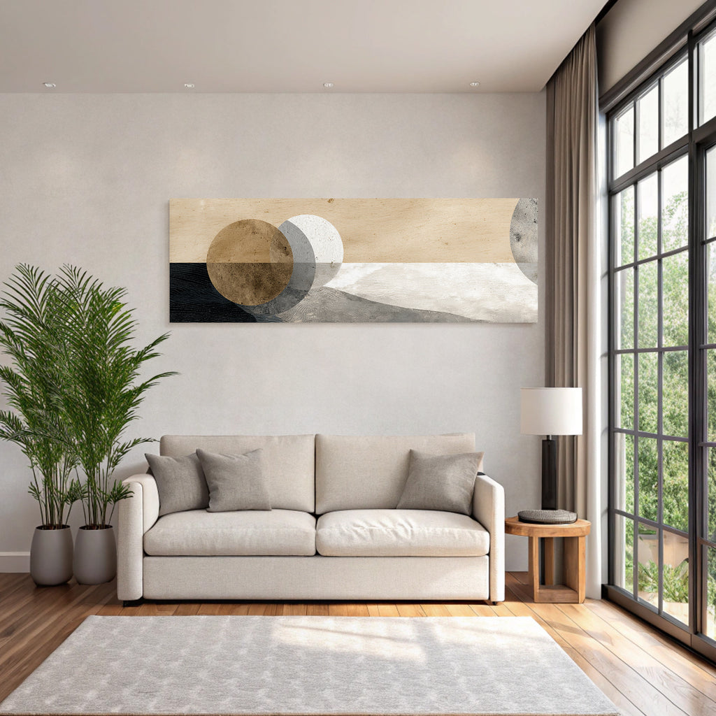 Abstract design with circular shapes on a textured background, beige, grey, brown