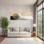 Abstract design with circular shapes on a textured background, beige, grey, brown