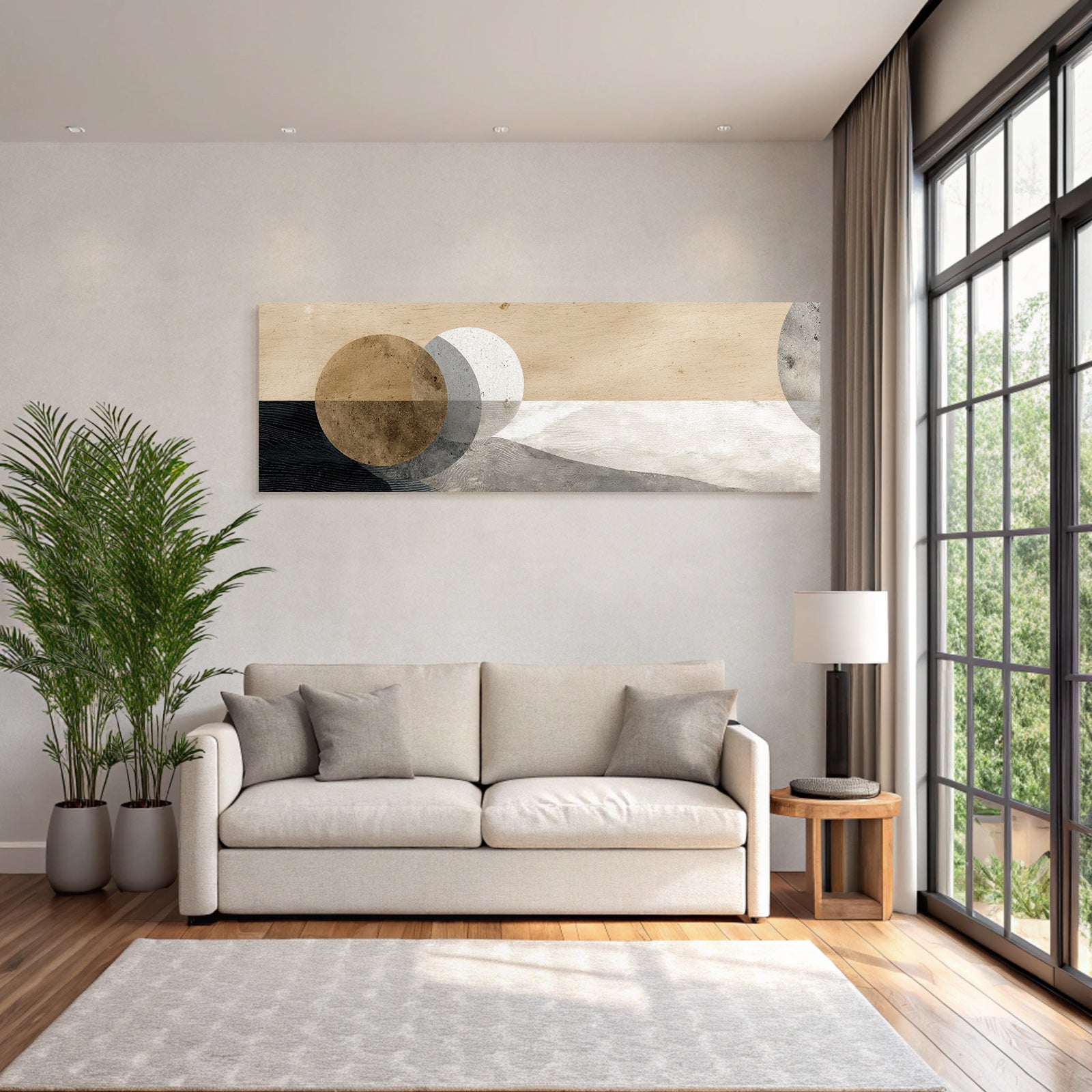 Abstract design with circular shapes on a textured background, beige, grey, brown