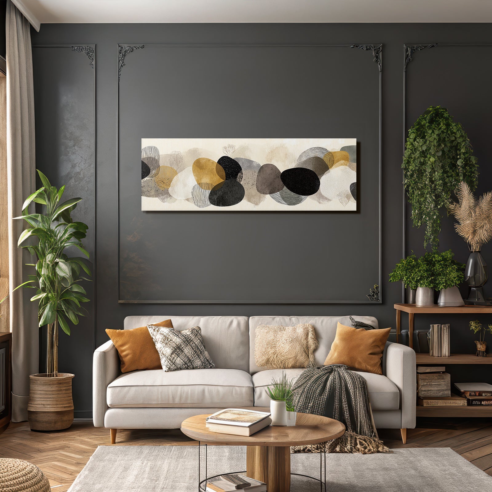 Abstract Design Organic Shapes Black Gold Gray Beige White