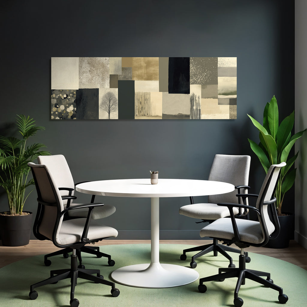 Abstract design patchwork pattern tree silhouette balanced colors
