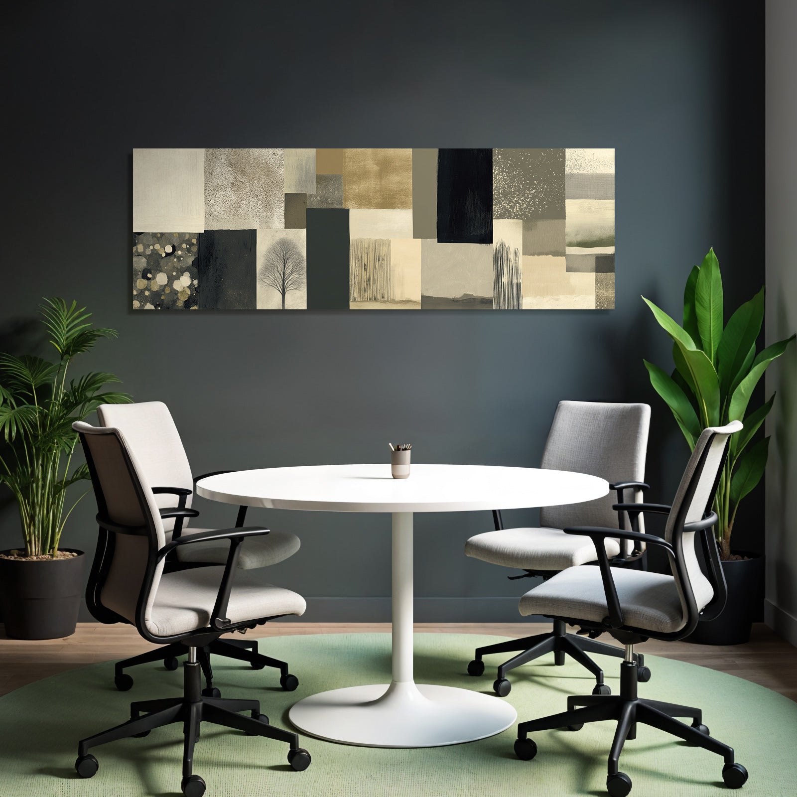 Abstract design patchwork pattern tree silhouette balanced colors