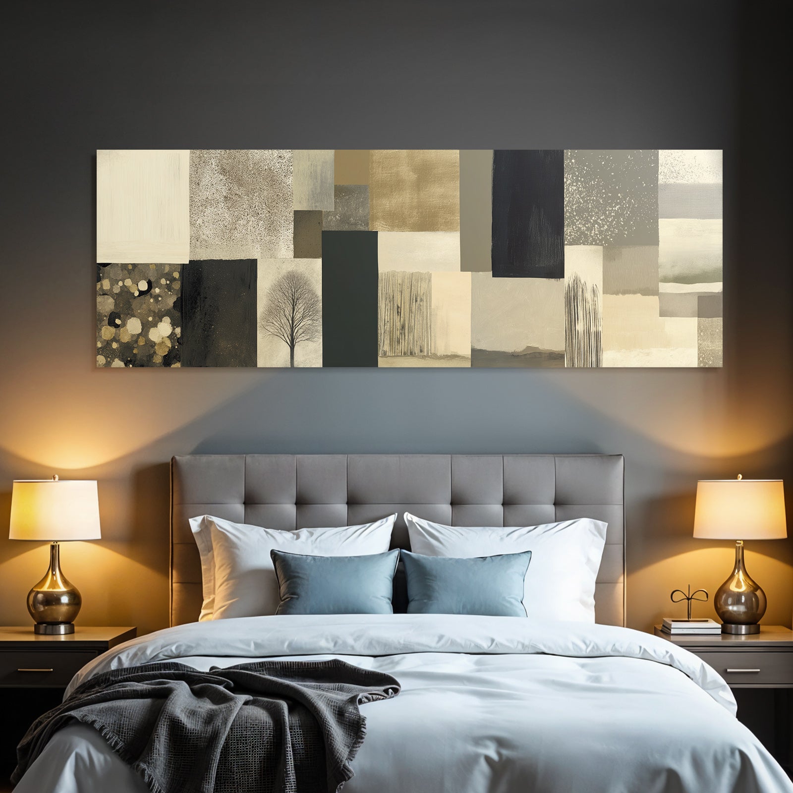 Abstract design patchwork pattern tree silhouette balanced colors