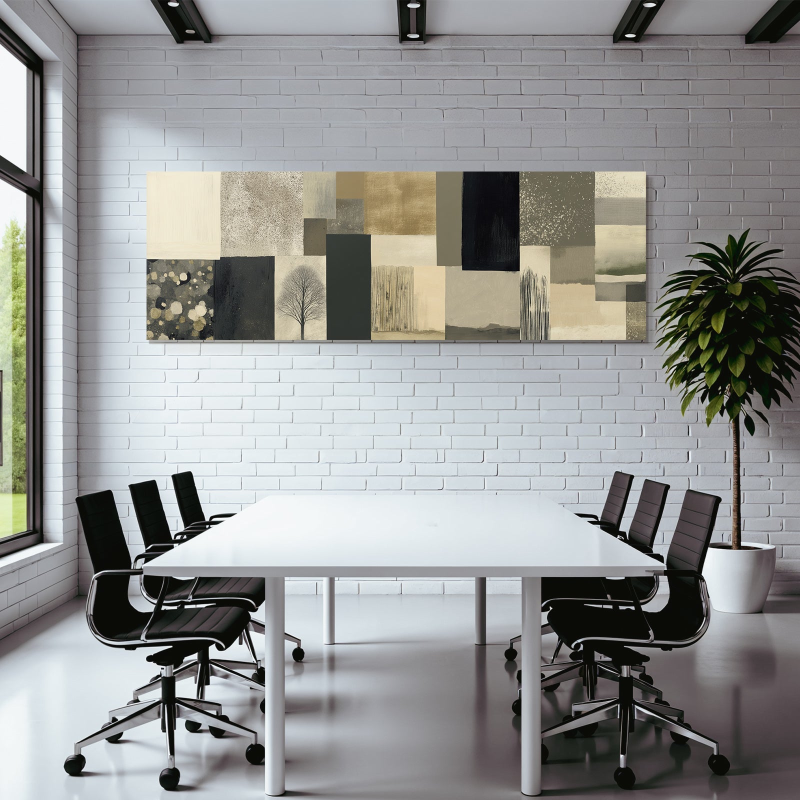 Abstract design patchwork pattern tree silhouette balanced colors