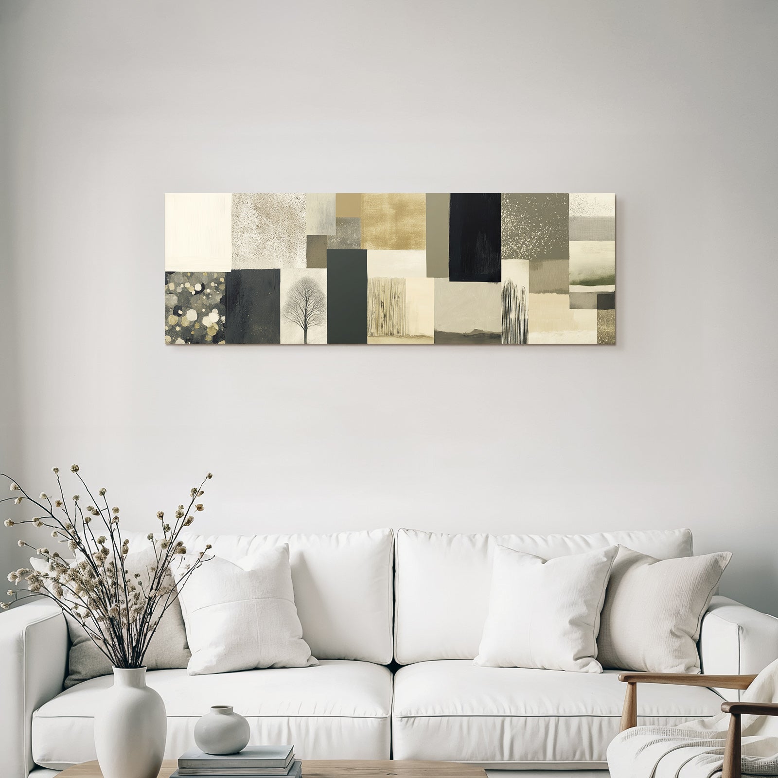 Abstract design patchwork pattern tree silhouette balanced colors