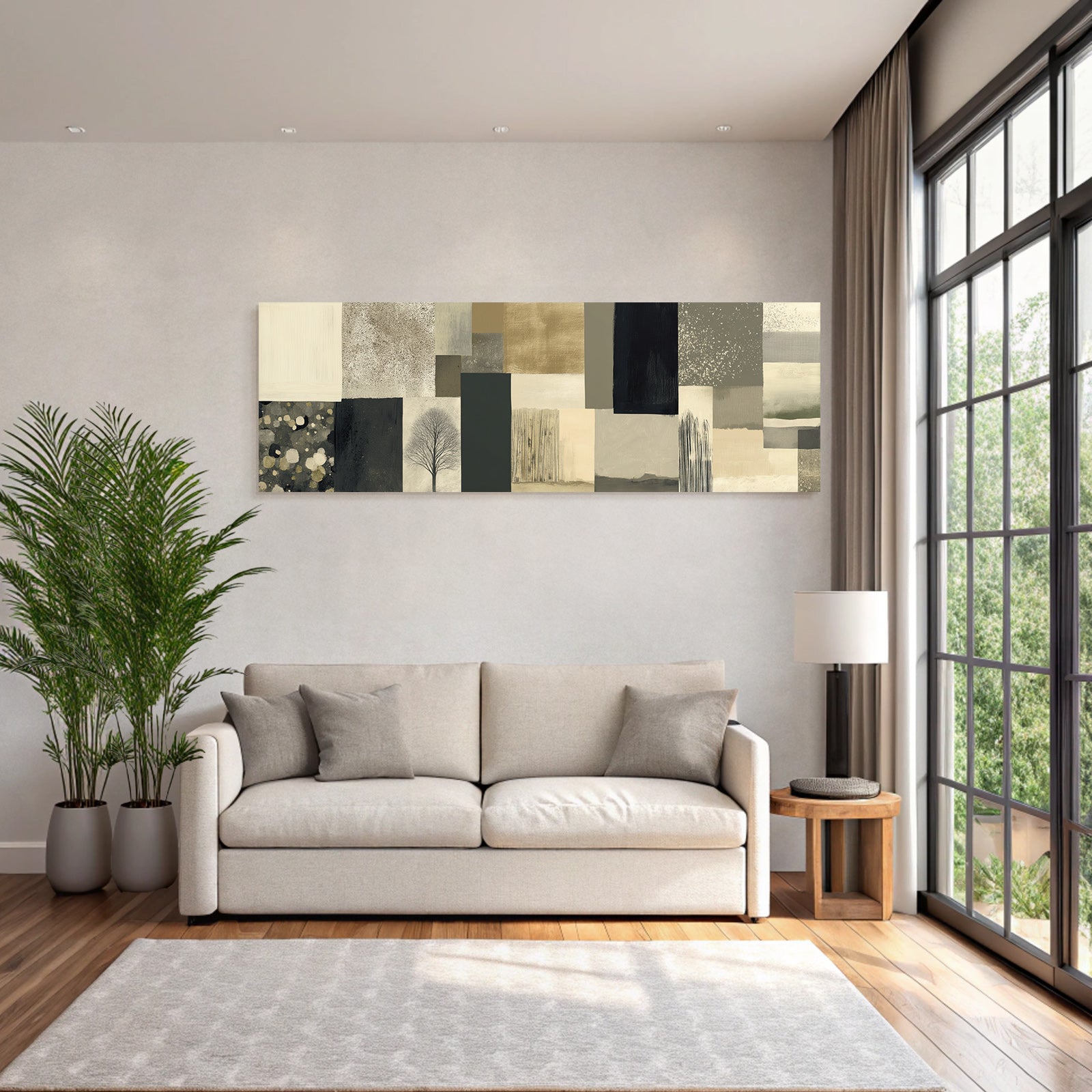 Abstract design patchwork pattern tree silhouette balanced colors