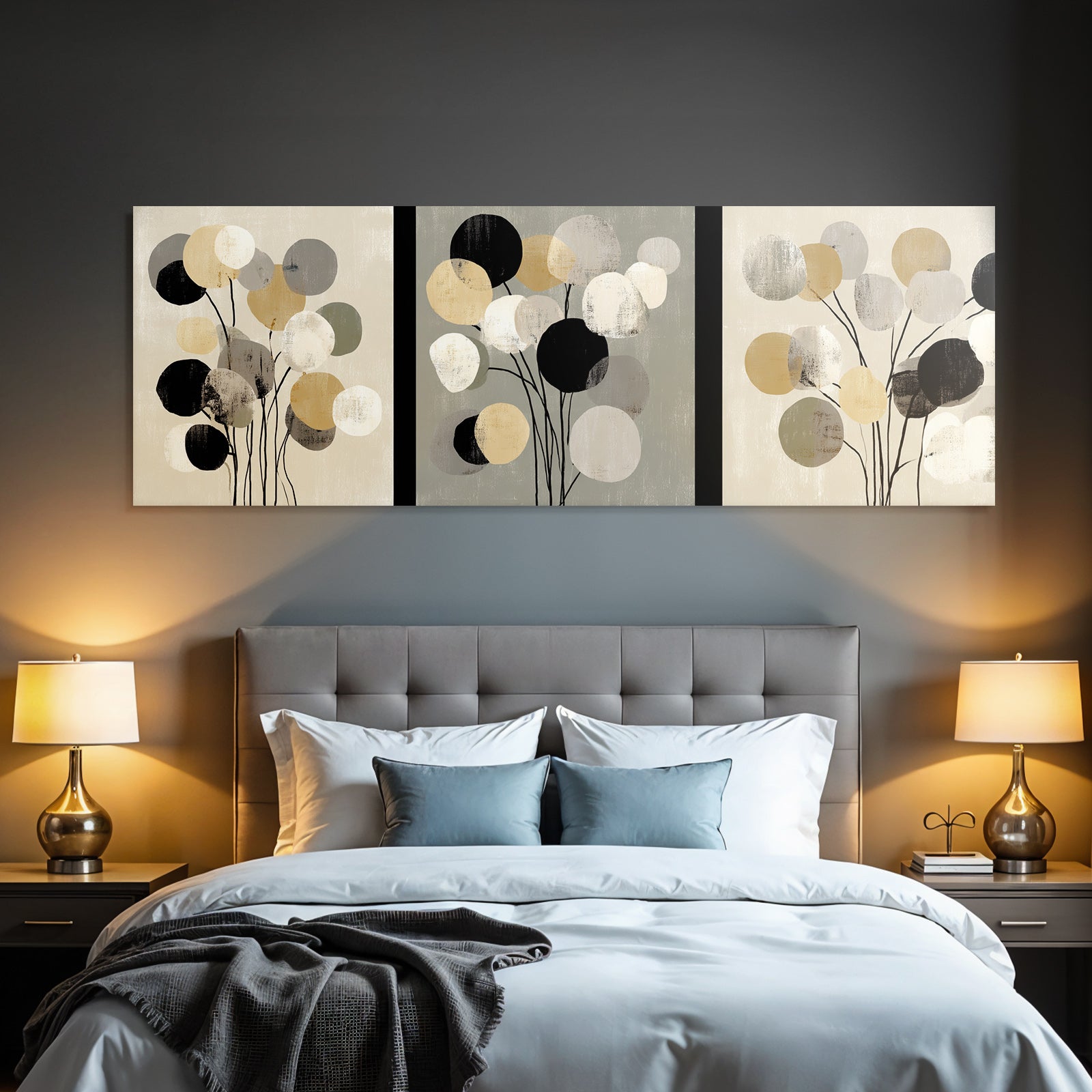 Abstraktes Kunstwerk Drei Paneele Stilisierte Blumen Und Luftballons