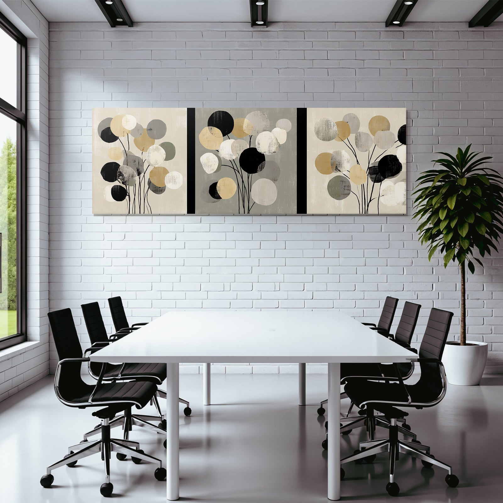 Abstraktes Kunstwerk Drei Paneele Stilisierte Blumen Und Luftballons
