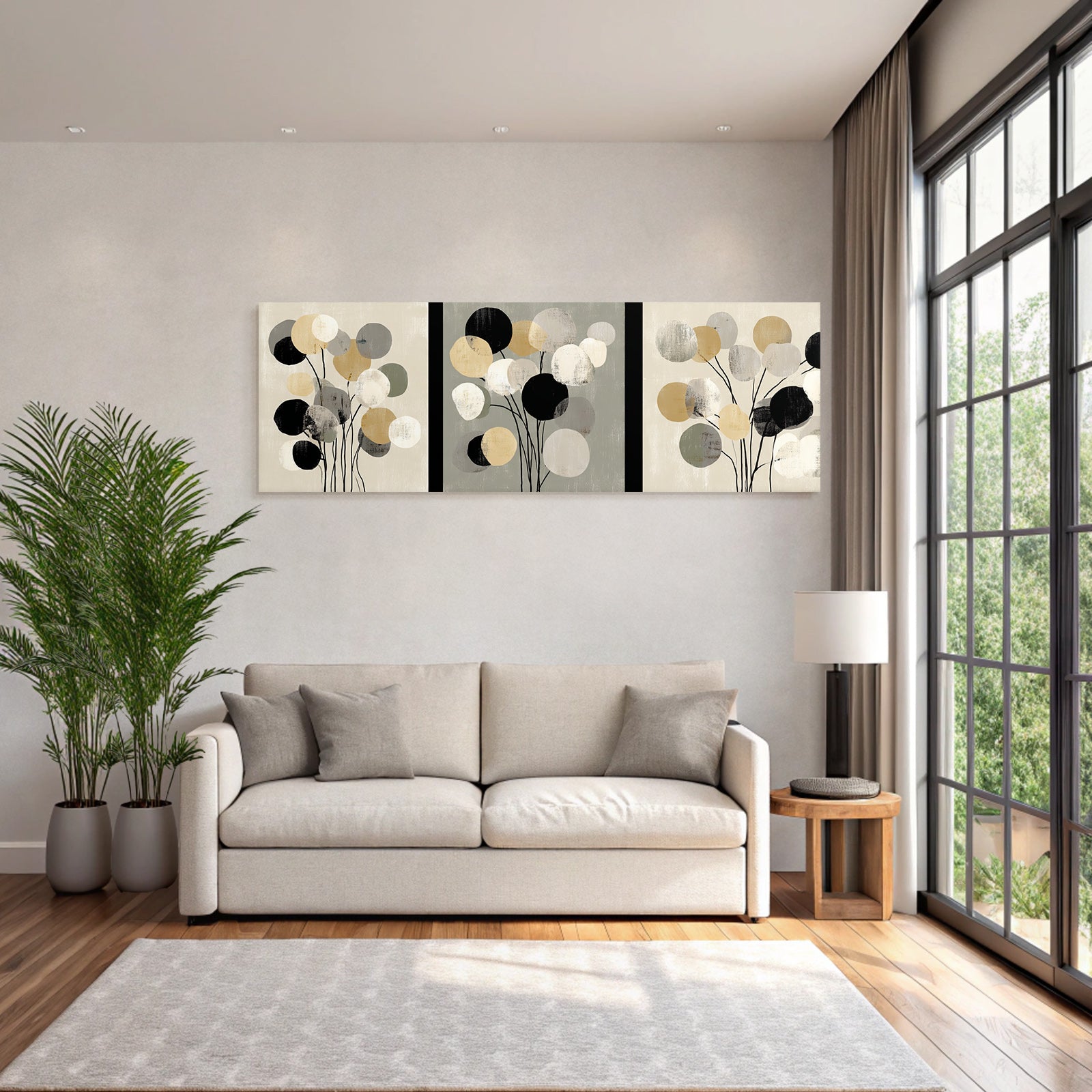 Abstraktes Kunstwerk Drei Paneele Stilisierte Blumen Und Luftballons