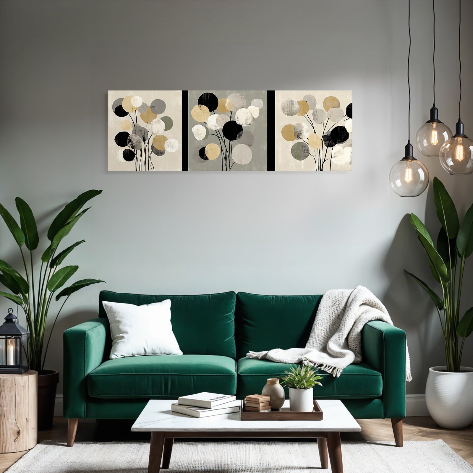 Abstraktes Kunstwerk Drei Paneele Stilisierte Blumen Und Luftballons