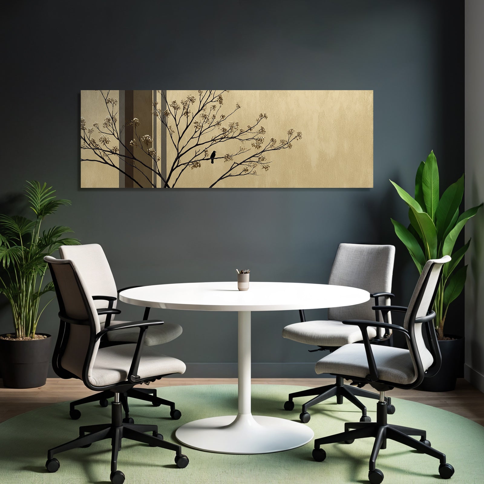 Baumzweig Mit Blueten Und Vogel Im Chic Minimalistisch Hintergrund