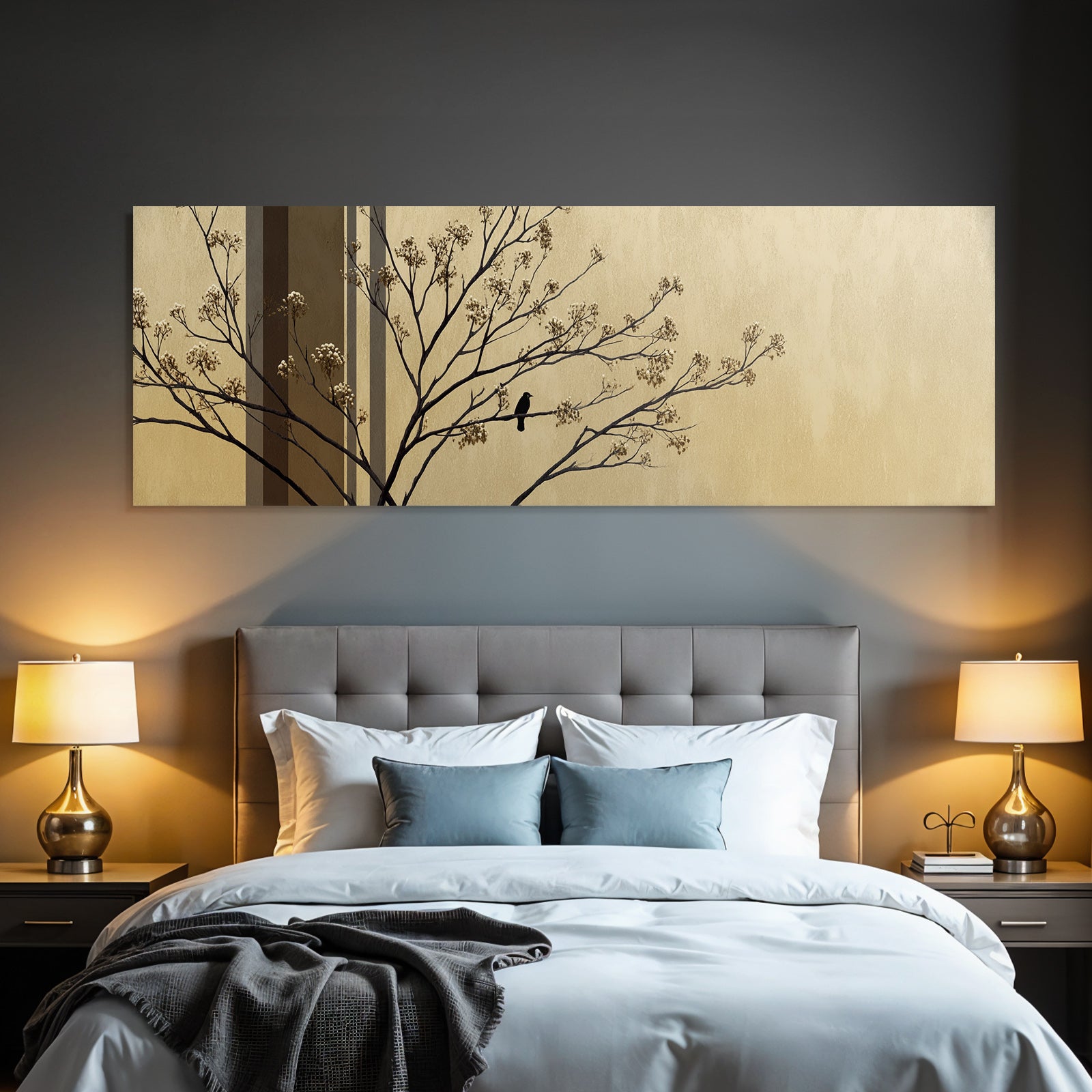 Baumzweig Mit Blueten Und Vogel Im Chic Minimalistisch Hintergrund