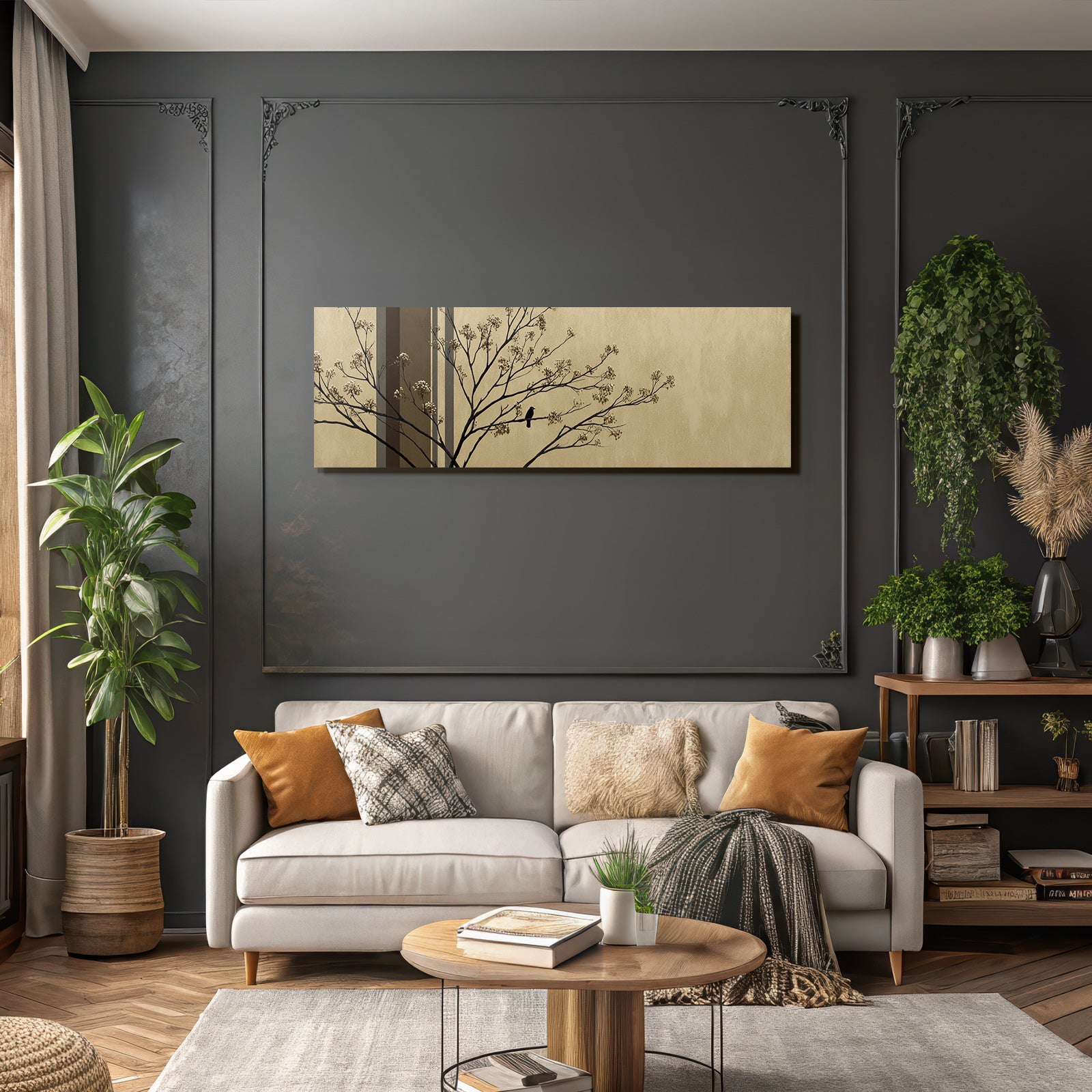 Baumzweig Mit Blueten Und Vogel Im Chic Minimalistisch Hintergrund