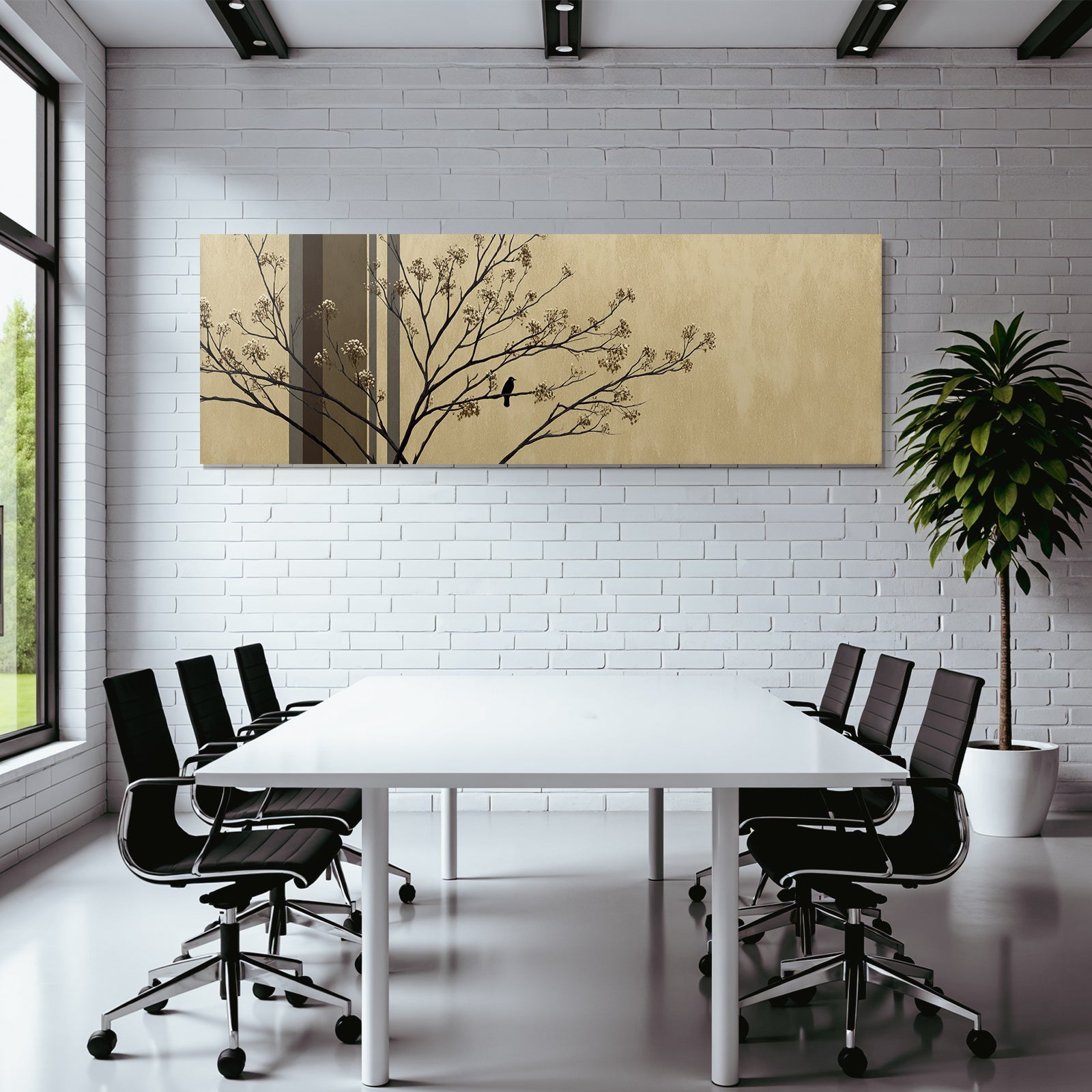 Baumzweig Mit Blueten Und Vogel Im Chic Minimalistisch Hintergrund