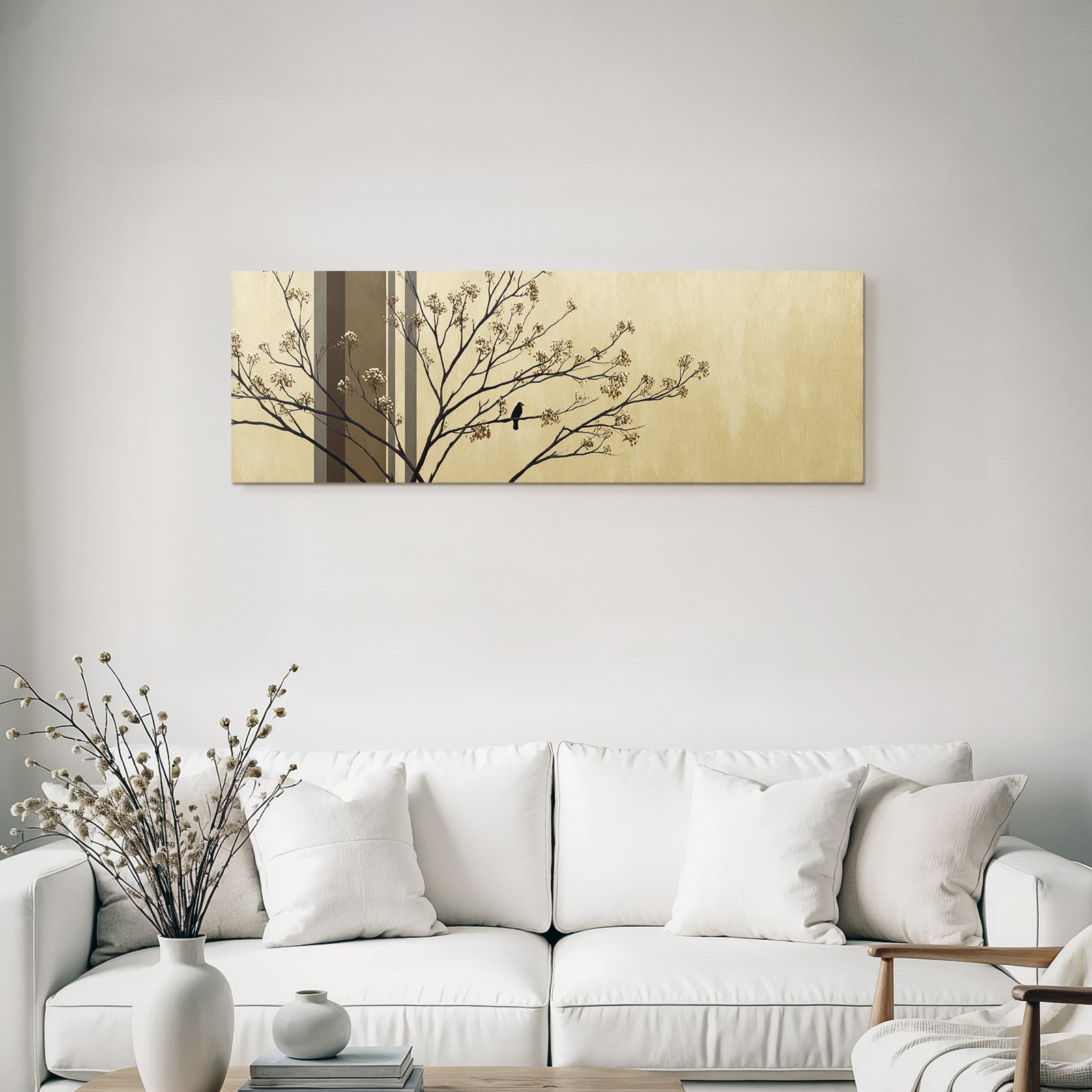 Baumzweig Mit Blueten Und Vogel Im Chic Minimalistisch Hintergrund