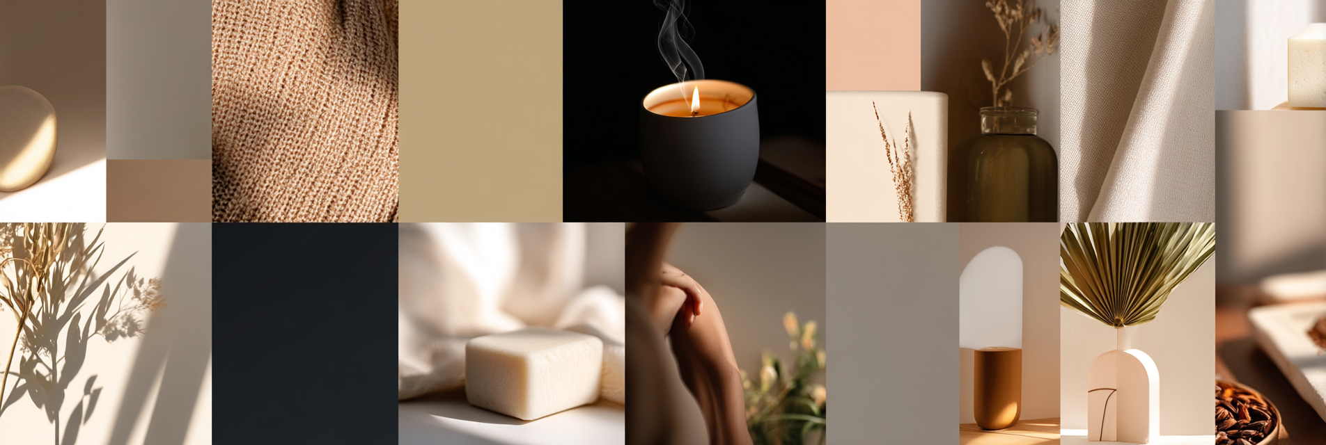 Kollage Aesthetische Elemente Deko Kerze Glas Neutrale Toene Modern Cozy | Modern Basic | Einrichtungsstile
