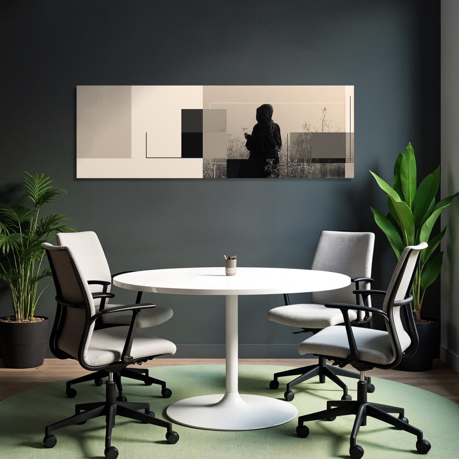 Person In Dunklem Gewand Im Feld Abstrakte Geometrische Formen