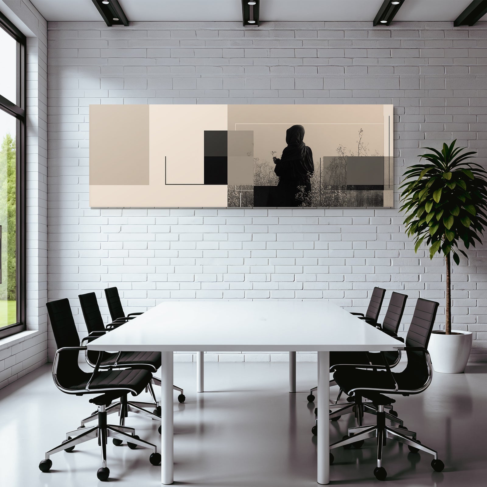 Person In Dunklem Gewand Im Feld Abstrakte Geometrische Formen