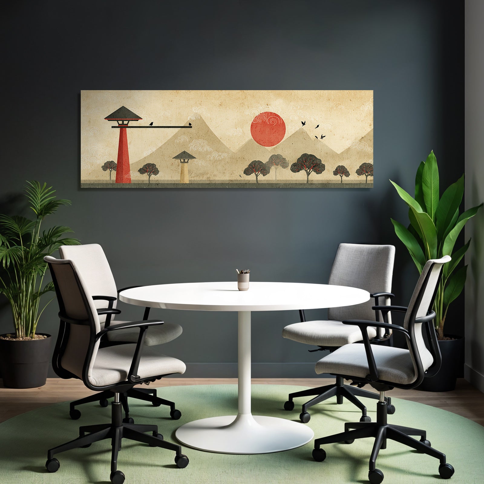 Traditionelle Japanische Landschaft Rote Sonne Und Berge
