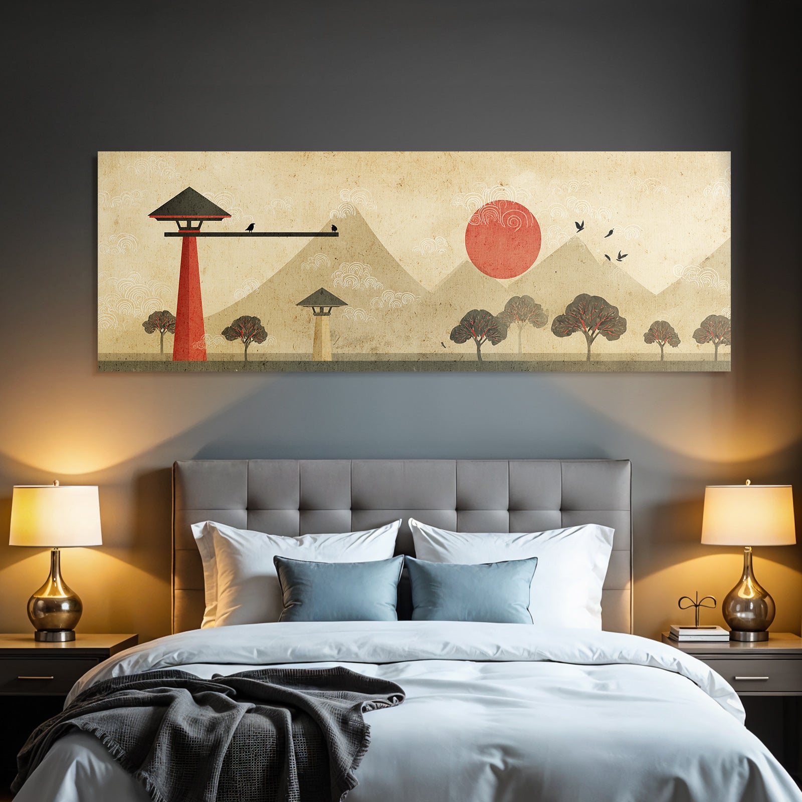 Traditionelle Japanische Landschaft Rote Sonne Und Berge