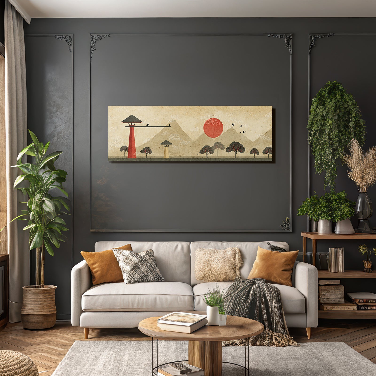 Traditionelle Japanische Landschaft Rote Sonne Und Berge