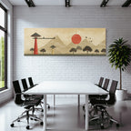 Traditionelle Japanische Landschaft Rote Sonne Und Berge