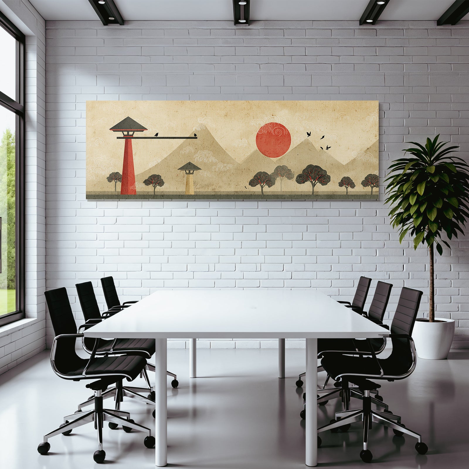Traditionelle Japanische Landschaft Rote Sonne Und Berge