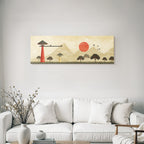 Traditionelle Japanische Landschaft Rote Sonne Und Berge