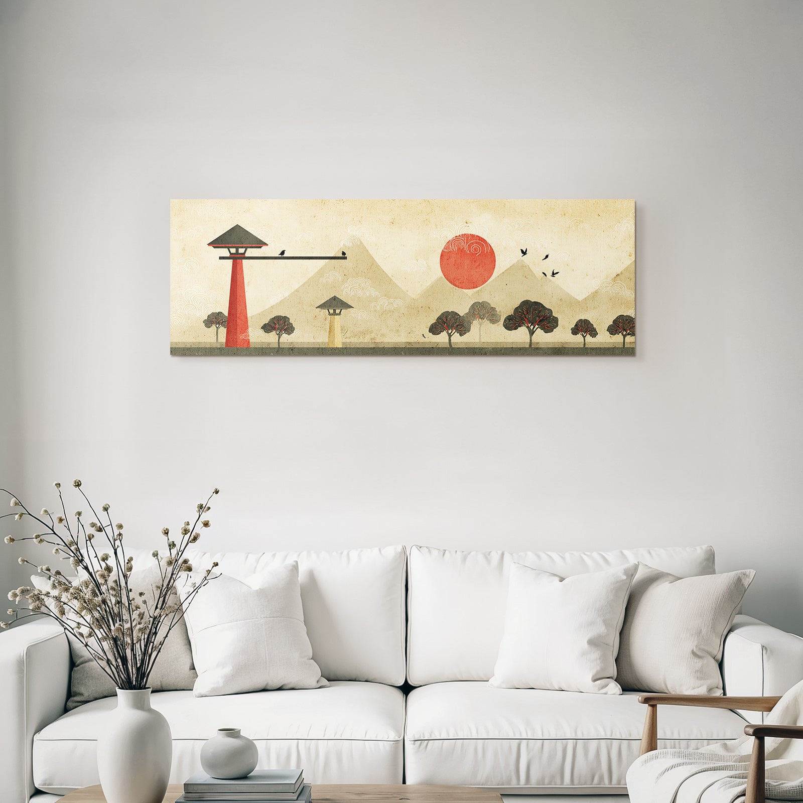 Traditionelle Japanische Landschaft Rote Sonne Und Berge