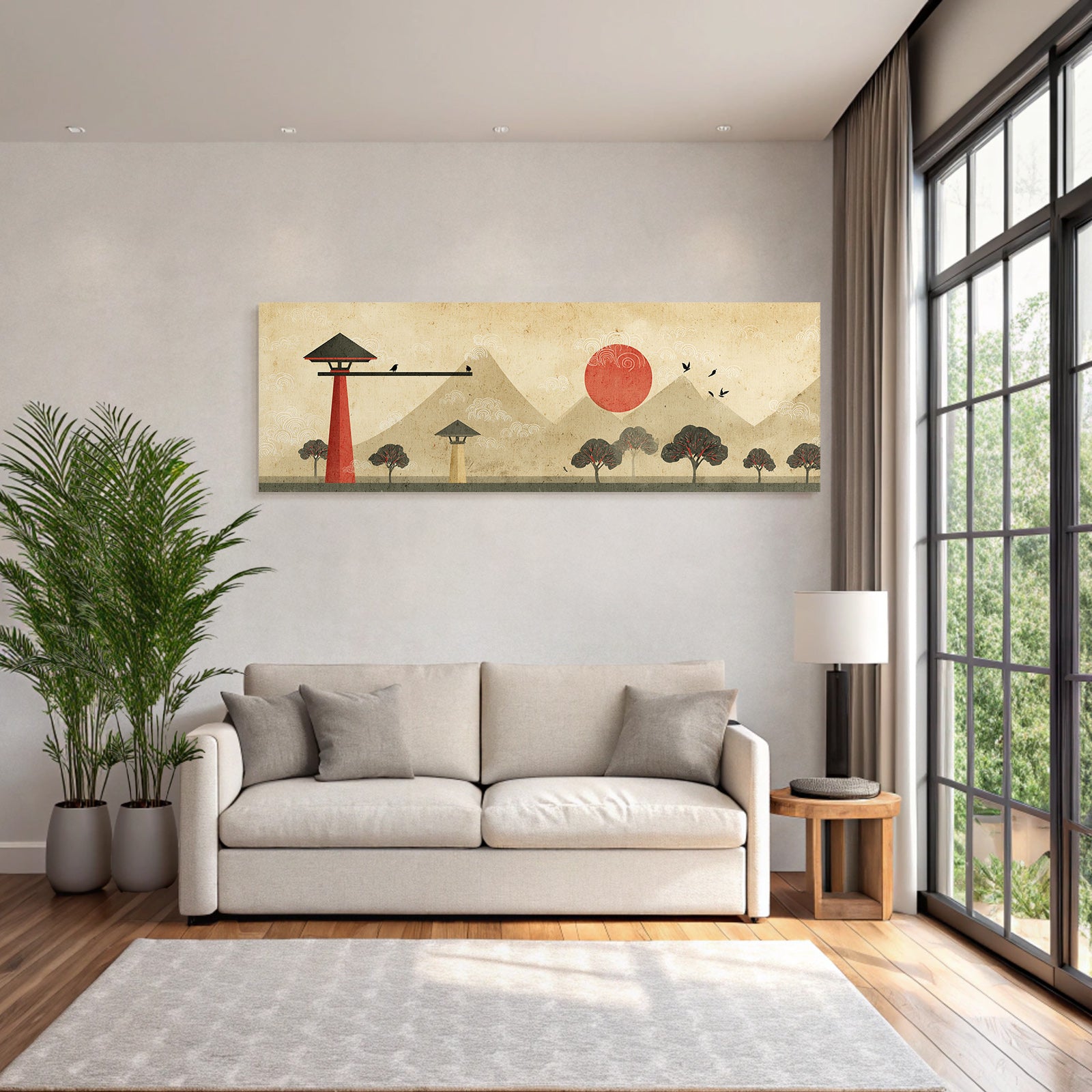 Traditionelle Japanische Landschaft Rote Sonne Und Berge