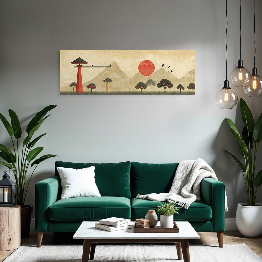 Traditionelle Japanische Landschaft Rote Sonne Und Berge