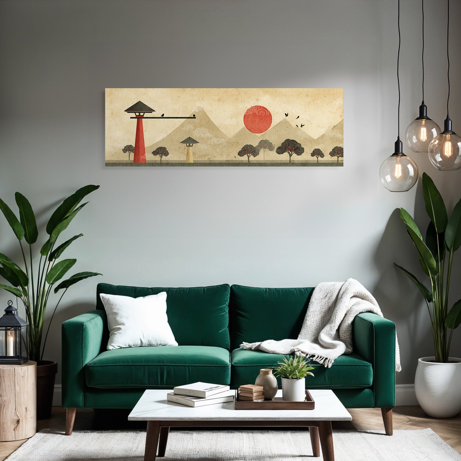 Traditionelle Japanische Landschaft Rote Sonne Und Berge