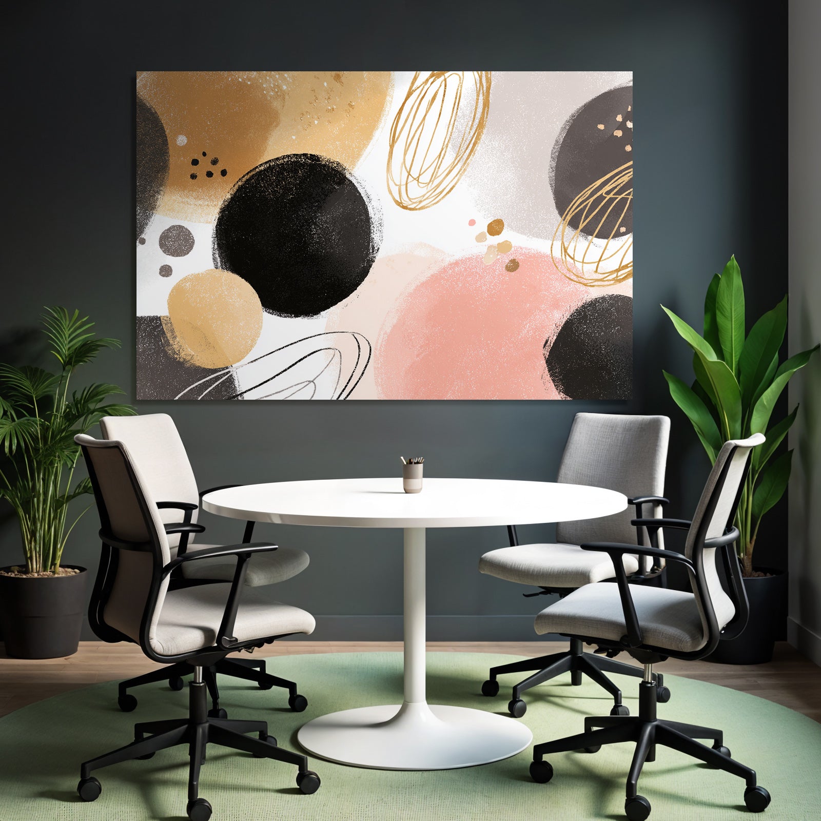 Abstract design with circles and ovals in gold, pink and beige